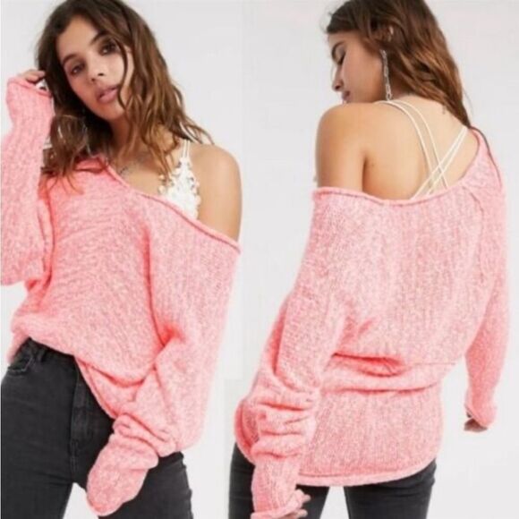 𝅺Free People Bright Lights V-Neck Sweater In Neon Pink - Picture 1 of 1